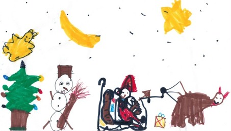 Auf dem Bild sieht man die von einem Schüler gestaltete Weihnachtskarte mit Schlitten, Weihnachtsbaum, Schneemann und Sternen.