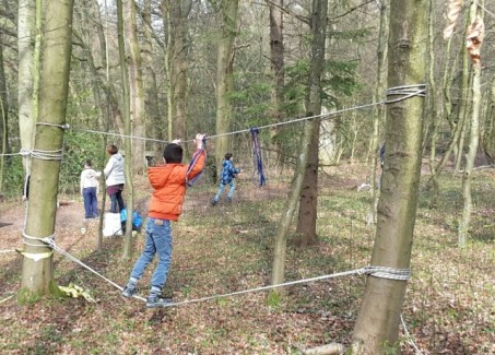 Auf dem Bild sieht man Seile, die in Fuß- und Kopfhöhe zwischen Bäume gespannt sind. An diesen hangelt sich ein Schüler, der von hinten zu sehen ist, von Baum zu Baum. Im Hintergrund laufen Schüler durch den Wald.