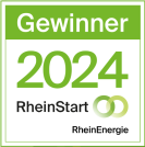 Logo mit dem Schriftzug Gewinner 2024 RheinStart, RheinEnergie