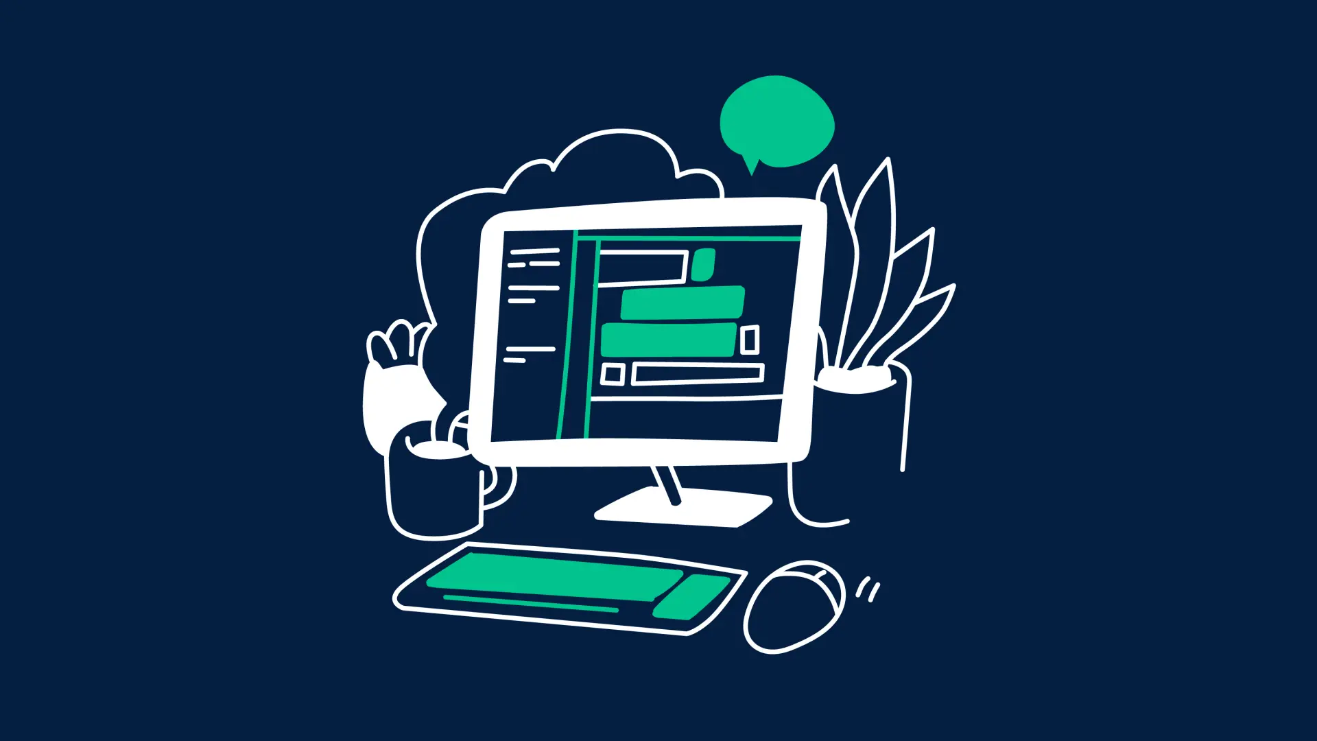 Illustration: Computer mit Tastatur und Maus auf blauem Hintergrund