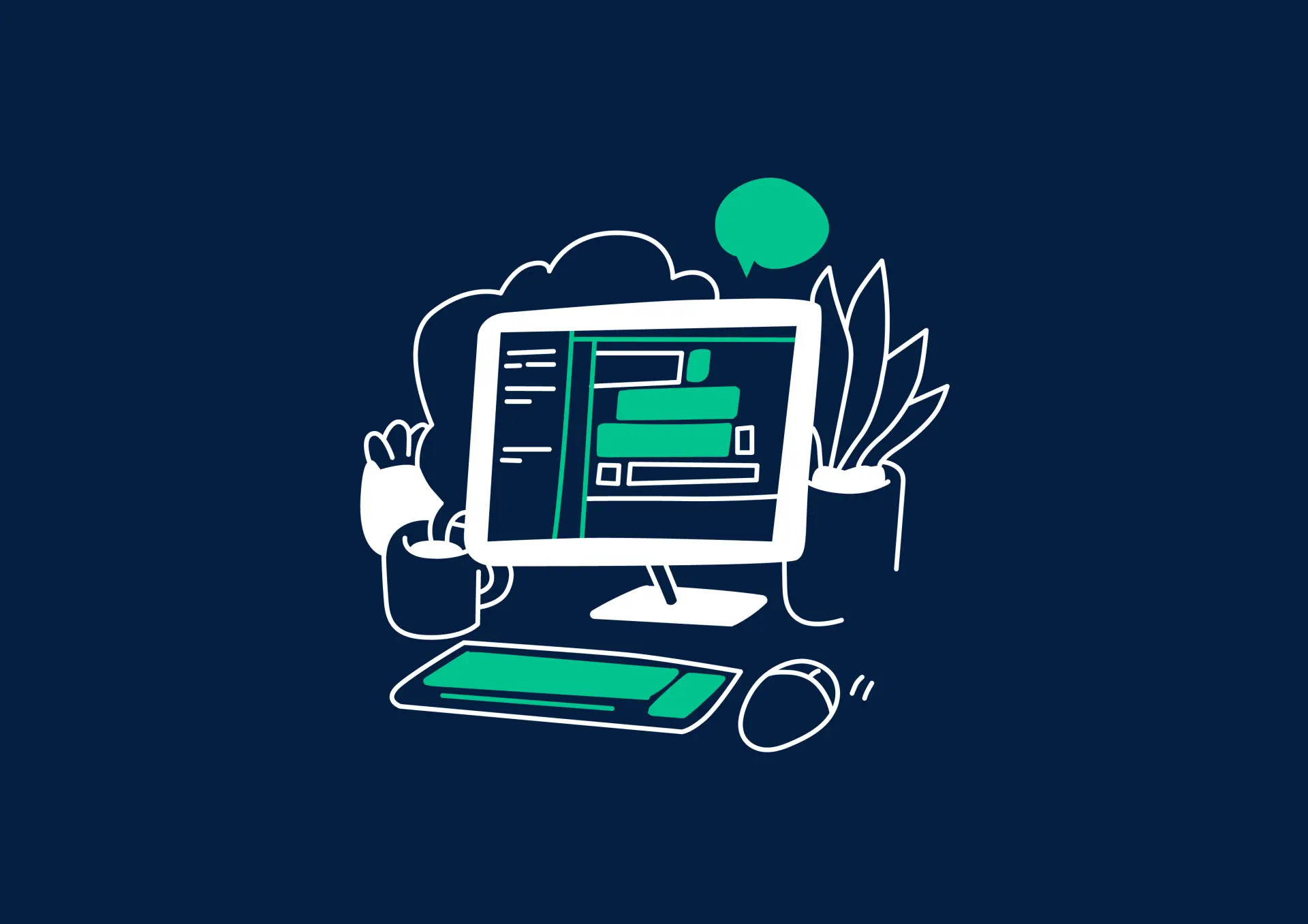 Illustration: Computer mit Tastatur und Maus auf blauem Hintergrund