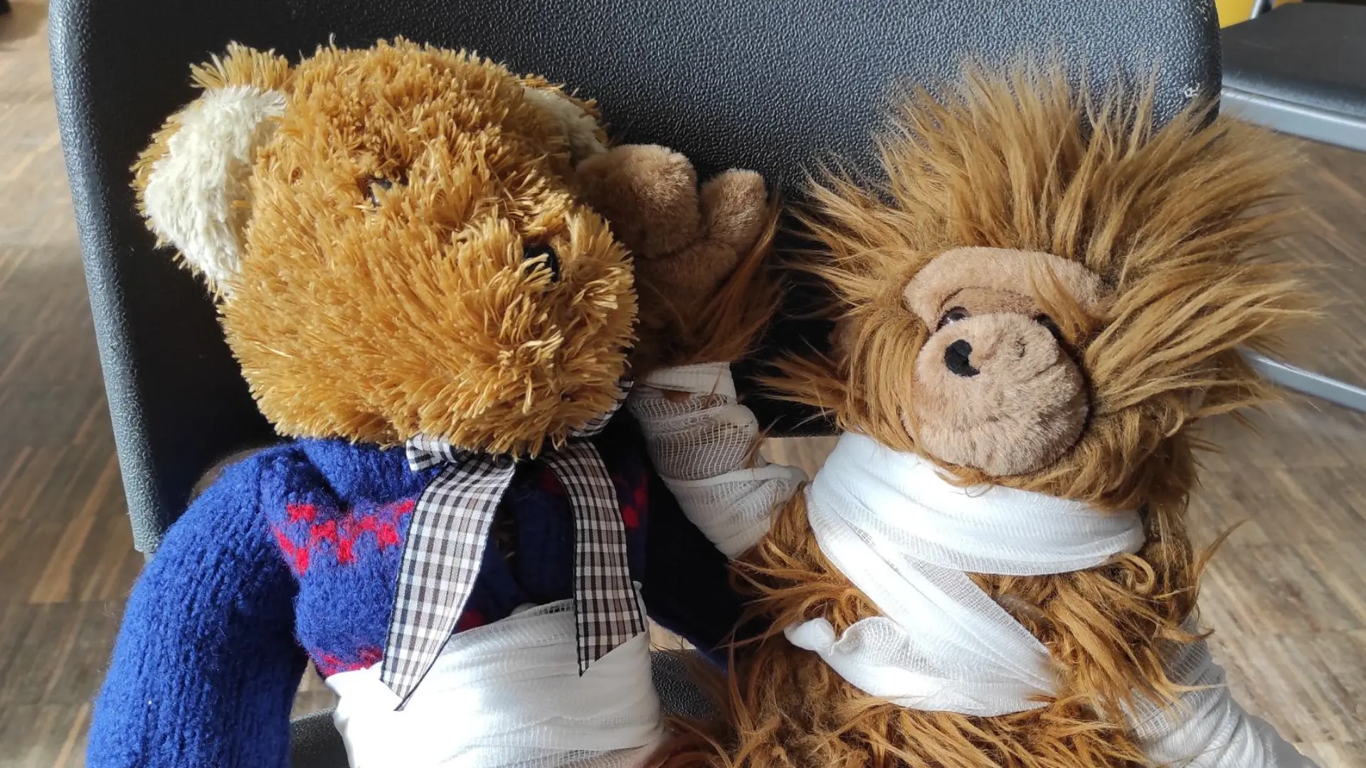 Zwei Stofftiere, ein Bär und ein Affe, mit Verbänden sitzen auf einem Stuhl